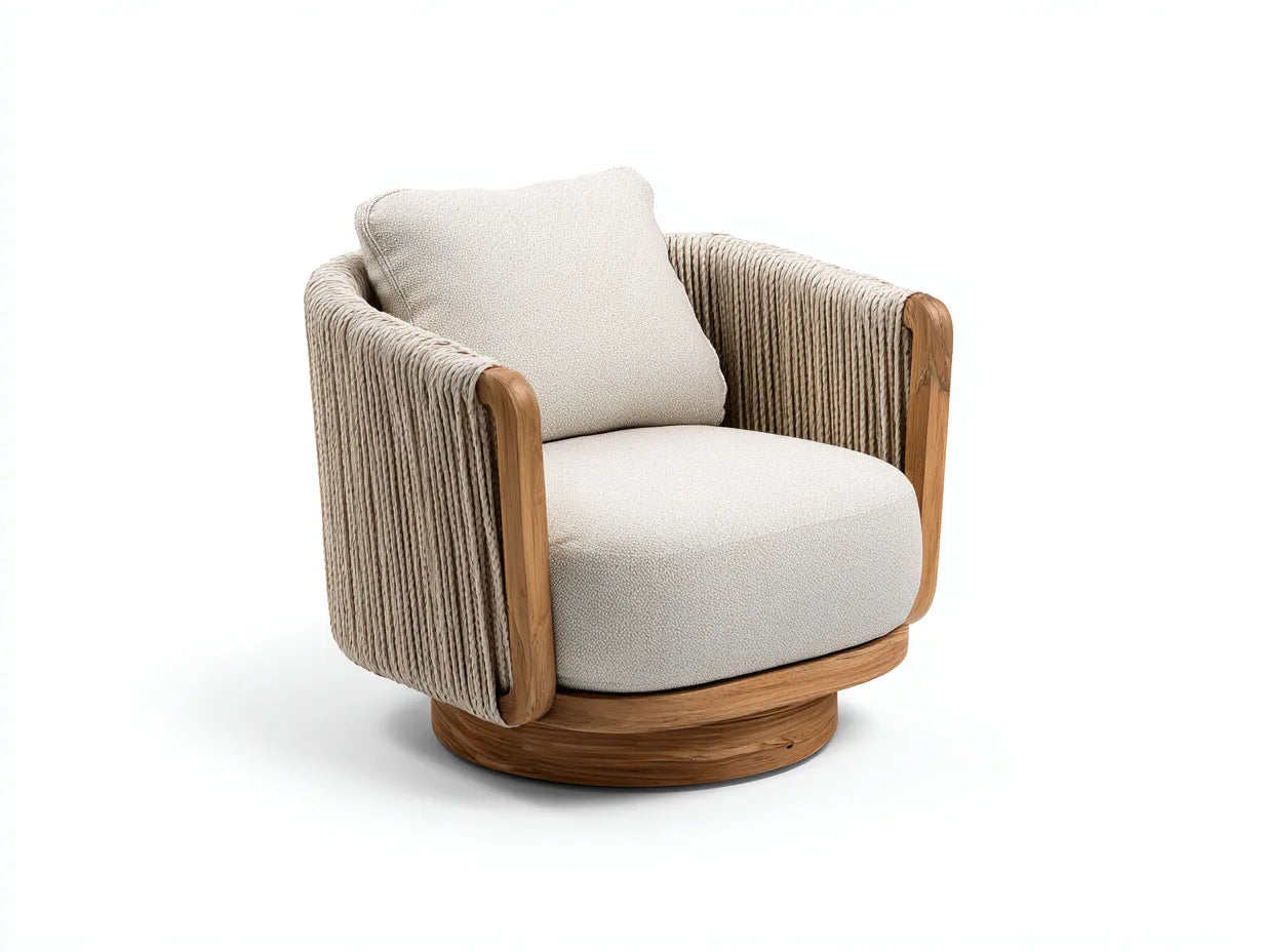 Loungesessel Holz Seilgeflecht 88x84x76 cm - Creme und Naturholz - drehbarer Gartensessel