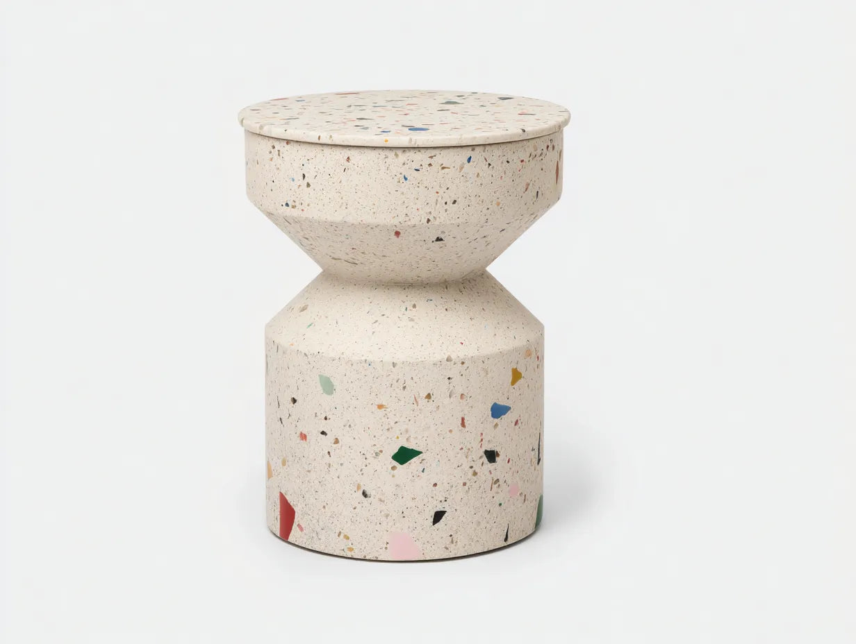 Beistelltisch zylindrisch in Terrazzo Optik 45x45x52 cm - Creme und Bunt - runde Ablage für Wohnzimmer