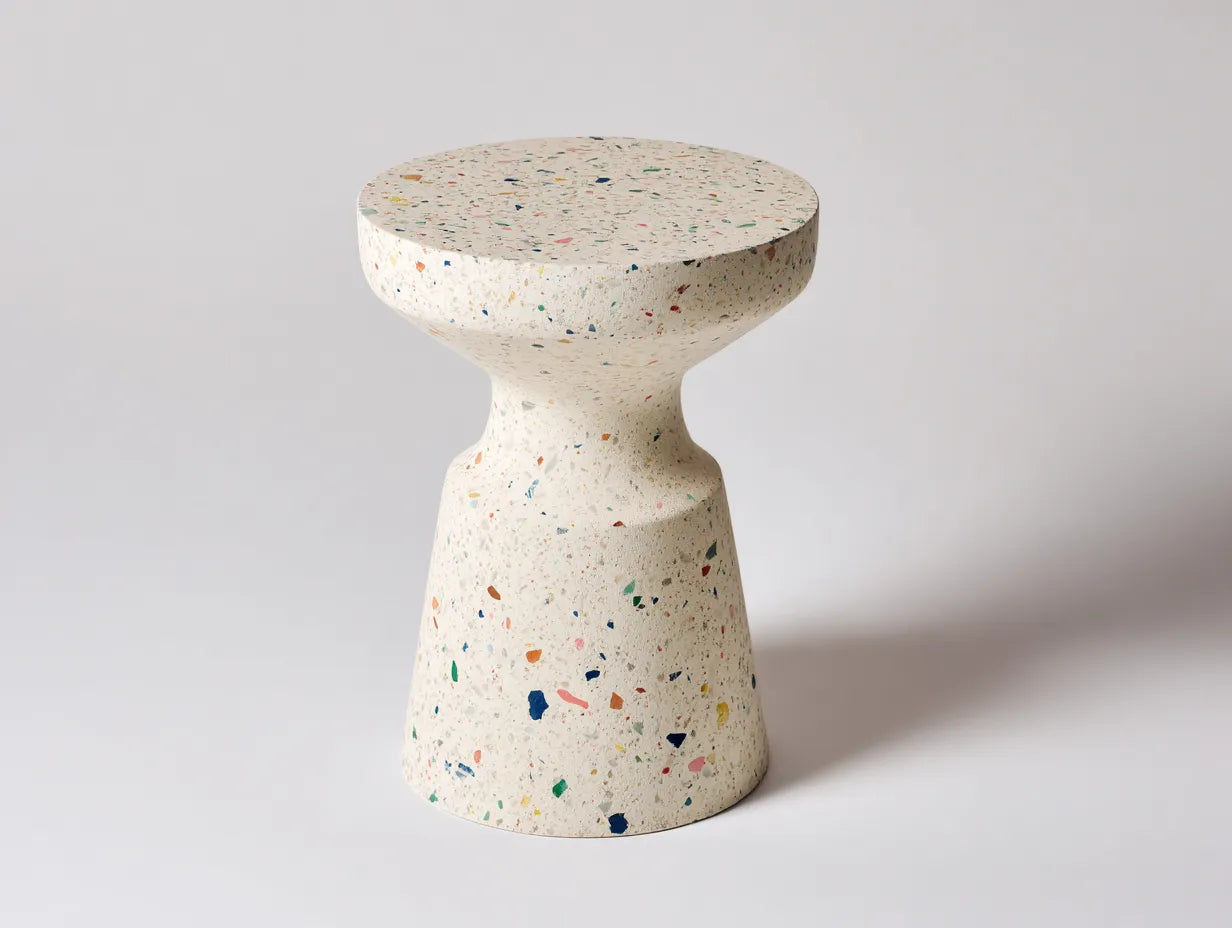 Beistelltisch rund in Terrazzo Optik 43x43x50 cm - Creme und Bunt - skulpturale Form für Wohnzimmer