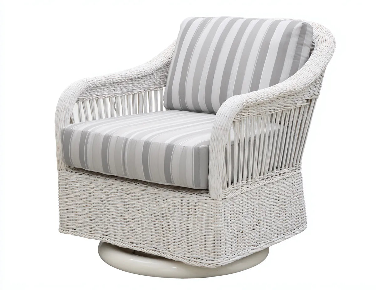 Loungesessel Rattan Stoff 89x86x79 cm - Weiß und Grau - gestreifter Drehsessel für Außenbereich