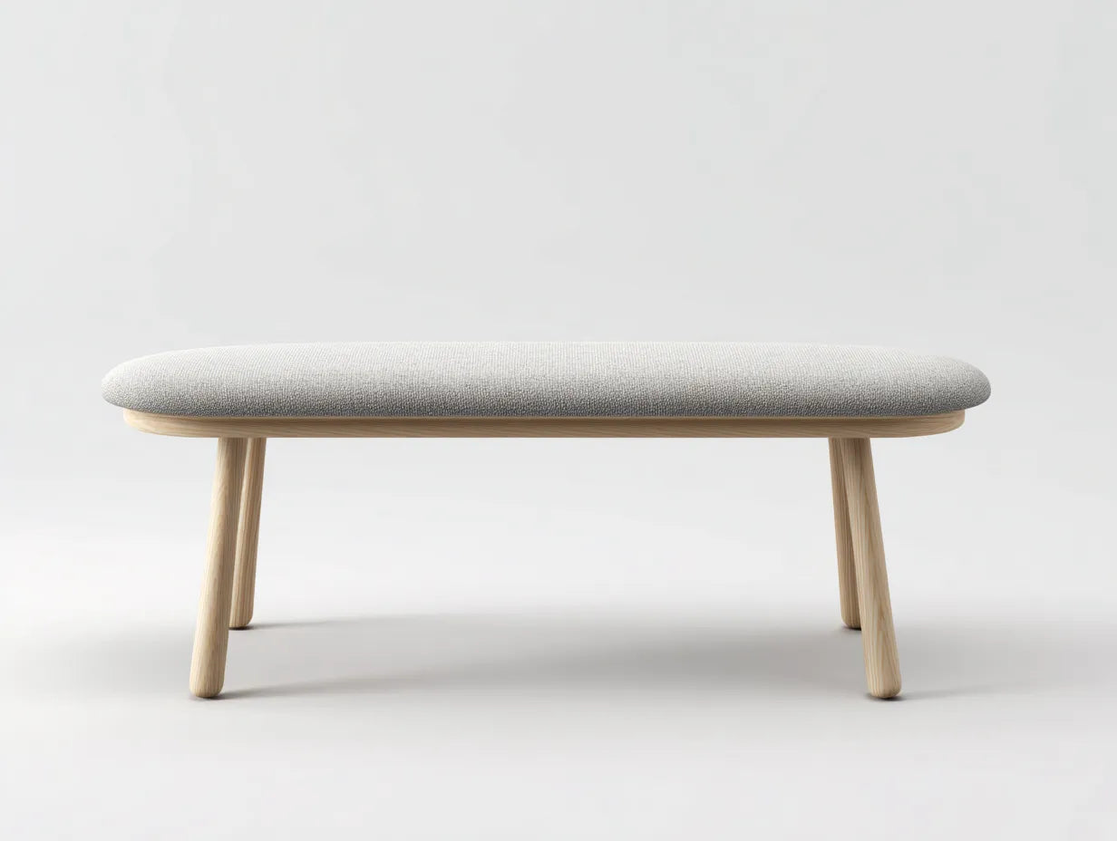 Sitzbank Stoff 135x38x45 cm - Hellgrau und Naturholz - minimalistischer Stil für Schlafzimmer