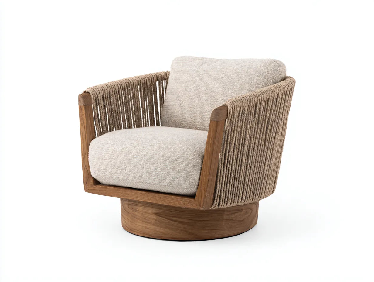 Loungesessel Holz Seilgeflecht 86x82x75 cm - Beige und Naturholz - runder Drehsockel für Außenbereich