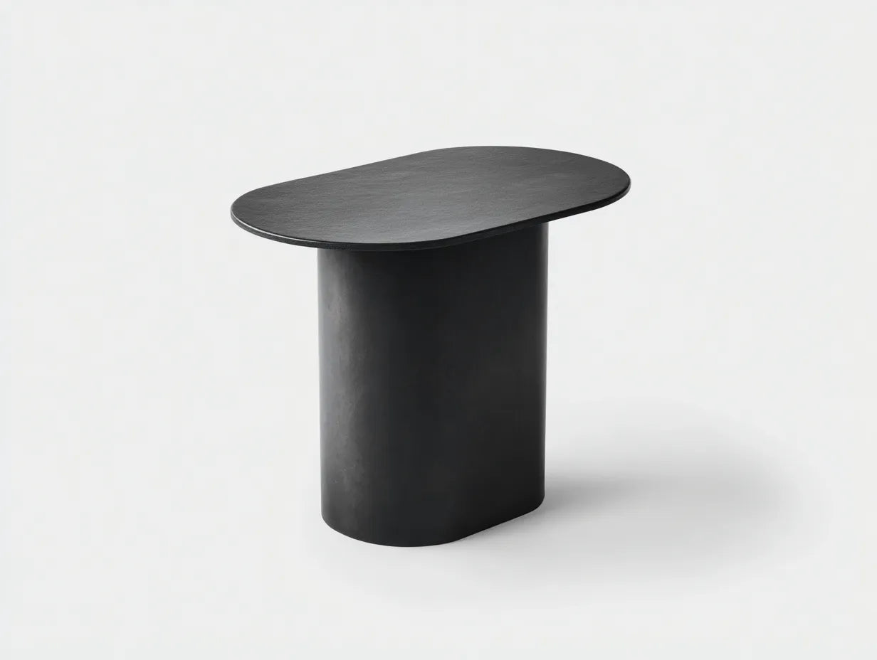 Beistelltisch mit ovaler Metallplatte 57x39x55 cm - Schwarz - zylindrischer Standkörper für Wohnzimmer
