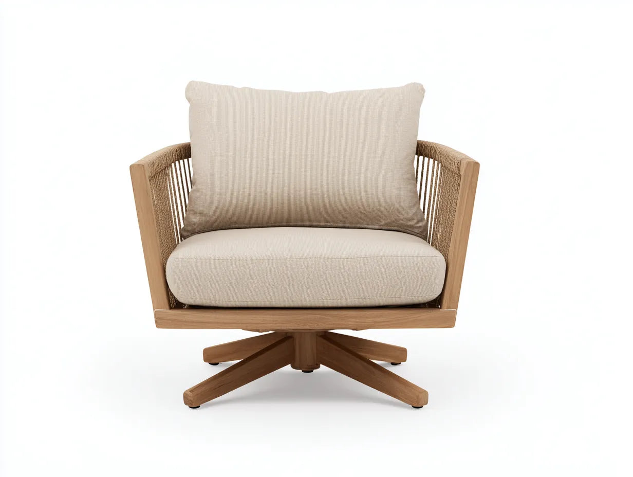 Loungesessel Holz Seilgeflecht 87x84x82 cm - Naturbeige und Eichefarben - Kreuzfuß für Außenbereich