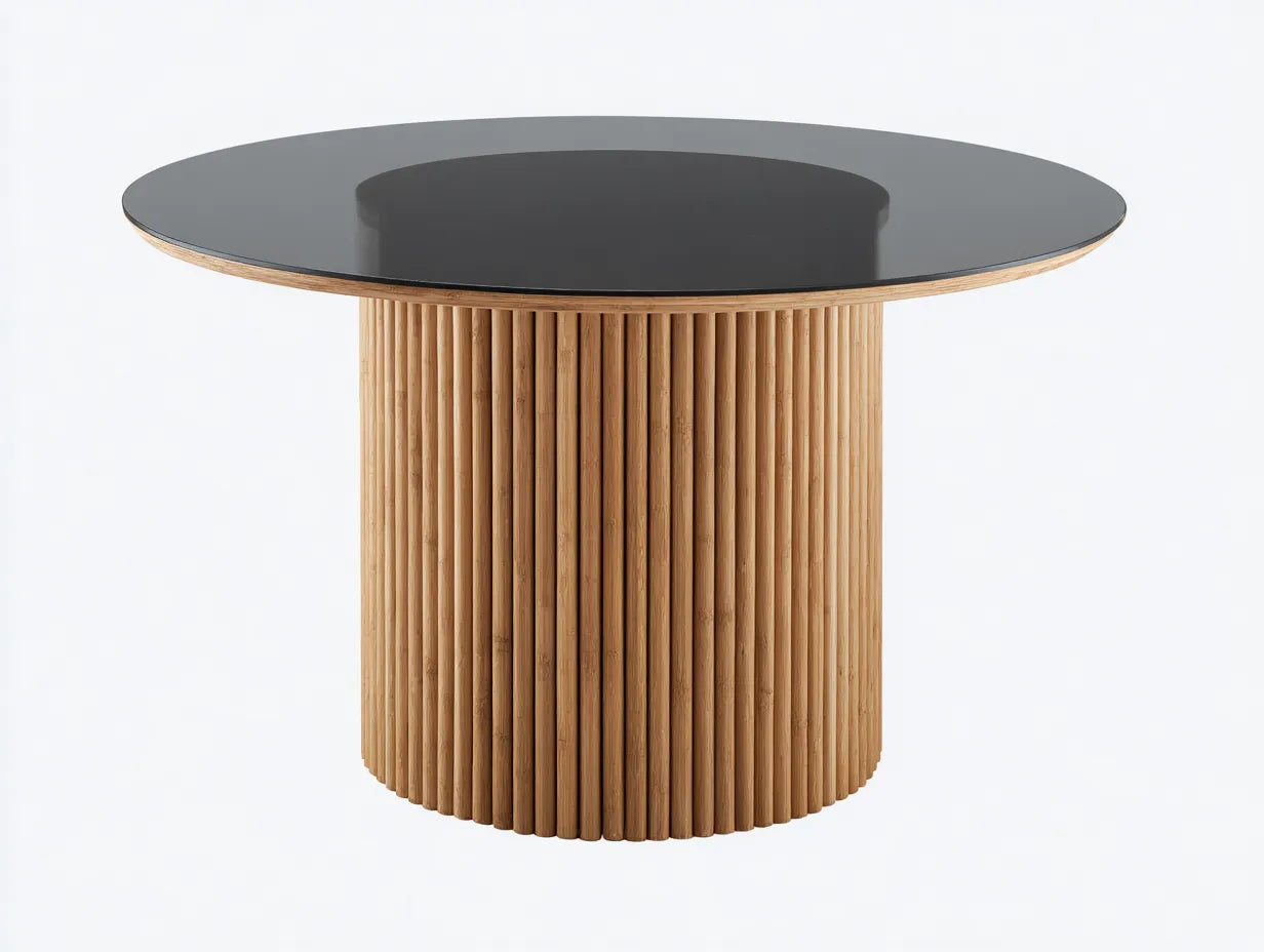 Esstisch Glas Holz 110x110x76 cm - Schwarz und Naturholz - runder Rippensockel für Esszimmer