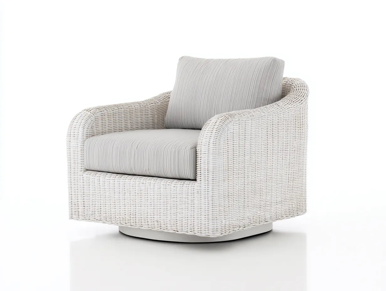 Loungesessel Rattan Stoff 86x84x77 cm - Weiß und Hellgrau - drehbarer Terrassenstil
