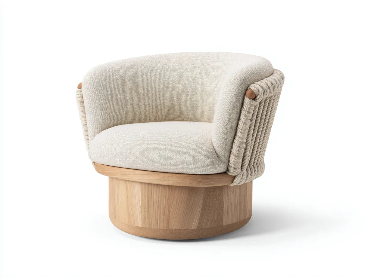 Loungesessel Holz Seilgeflecht 85x83x74 cm - Creme und Hellholz - runde Clubform für Terrasse