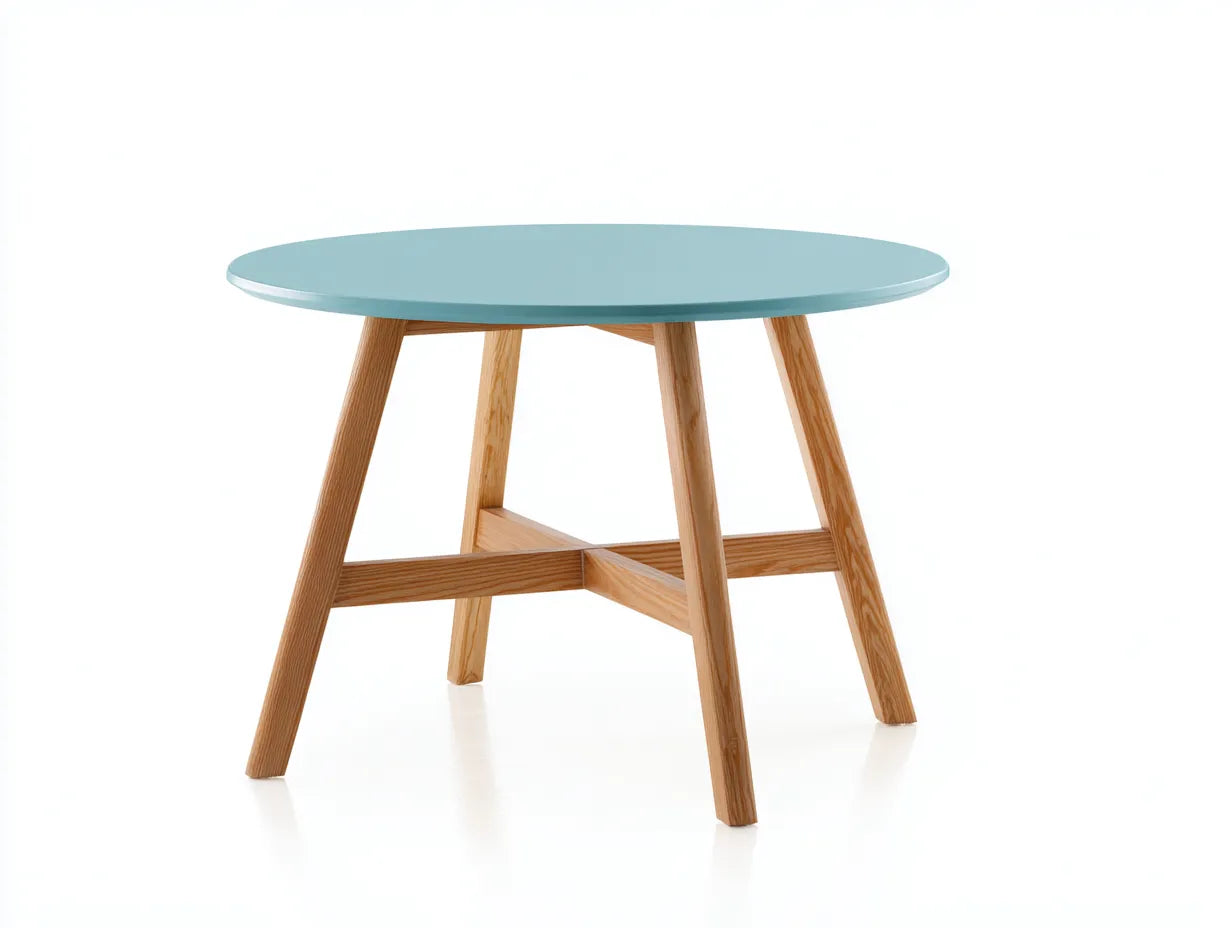 Beistelltisch rund mit Kreuzstreben 62x62x54 cm - Hellblau und Holz Natur - vier Holzbeine für Wohnzimmer